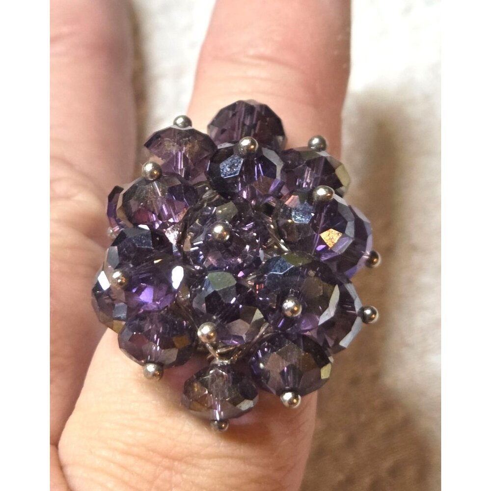 Silver Tone   Aurora Borealis Purple Bead Adjustable Ring